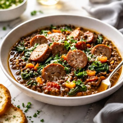 Image of Sausage and Black Lentil Stew
