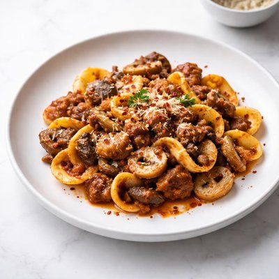 Image of Sausage and Mushrooms with Pasta in Spicy Sauce