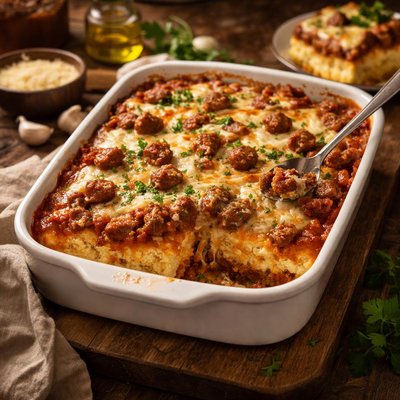 Image of Sausage and Polenta a Layered Baked Casserole