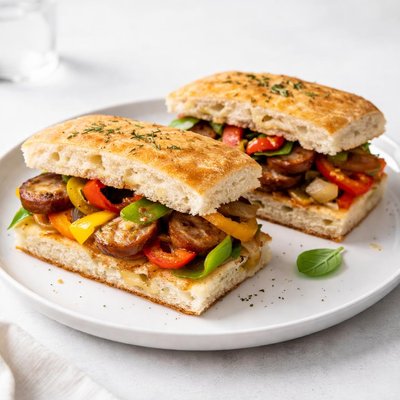 Image of Sausage Bell Pepper and Onion Focaccia Sandwiches