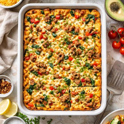 Image of Cazuela de salchicha y huevo baja en carbohidratos.