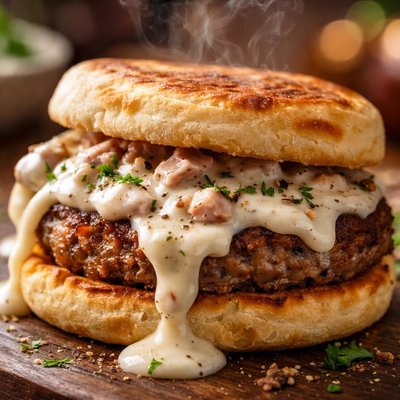 Image of Sausage English Muffin and Cream Gravy Sandwich