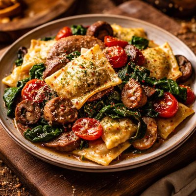 Image of Sausage Ravioli with Sauteed Portabellas Tomatoes Spinach