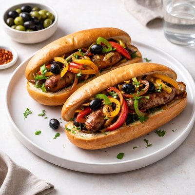 Image of Sausage Sandwiches with Peppers Onion and Olives