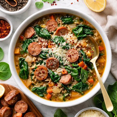 Image of Sausage Soup with Spinach and Wild Rice
