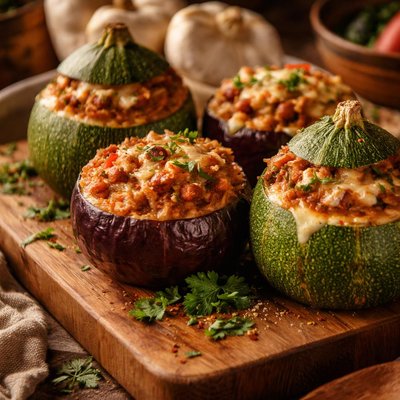 Image of Sausage Stuffed Round Zucchini or Eggplant