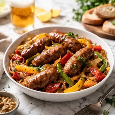 Image of Sausage with Peppers Onions and Beer