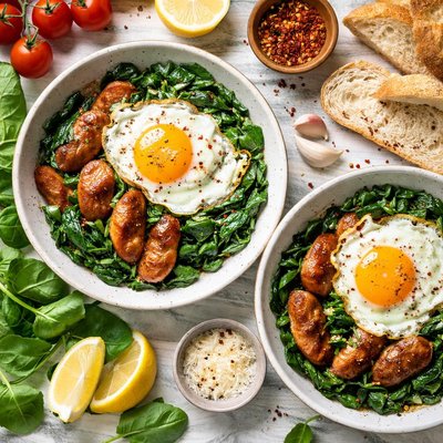 Image of Sausage with Spinach and Fried Egg Wurstschusserl Mit Spinat U