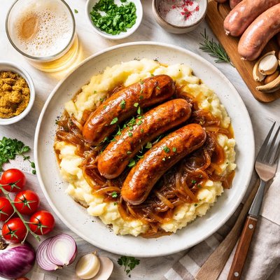 Image of Sausages with Mashed Potatoes Beer and Onion Gravy and Mustard