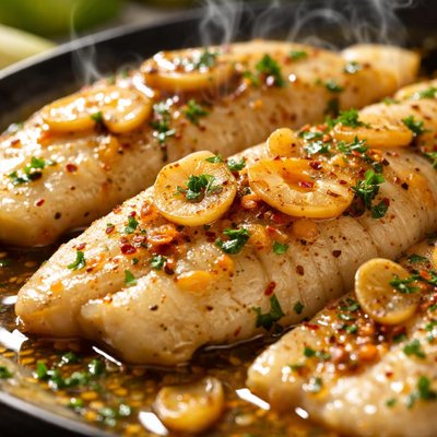 Image of Sauted Fish Fillets with Sliced Garlic and Butter Sauce