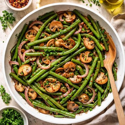 Image of Sauted Green Beans with Mushrooms and Onion
