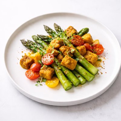 Image of Sauteed Asparagus with Curried Tofu and Tomatoes