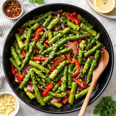 Image of Sauteed Asparagus with Red Bell Pepper and Onions