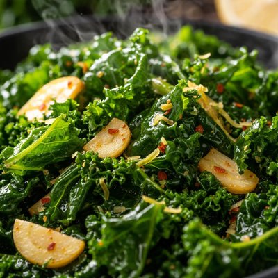 Image of Col rizada salteada con ajo y limón, alta en proteínas
