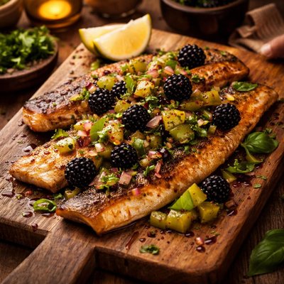 Image of Sauteed Rainbow Trout with Green Tomato and Blackberry Sauce