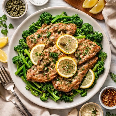 Image of Sauteed Veal with Lemon on a Bed of Broccoli Rabe