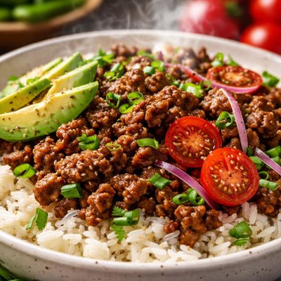 Image of Cuenco de carne y arroz salado paleo