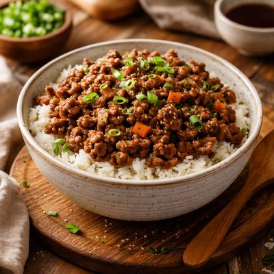 Image of Cuenco de arroz con carne sabrosa baja en sodio