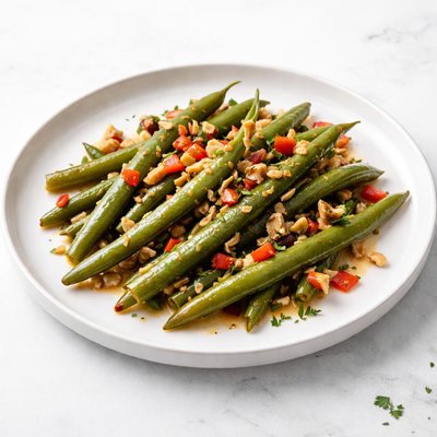 Image of Savory Braised Green Beans with Red Bell Pepper and Walnuts