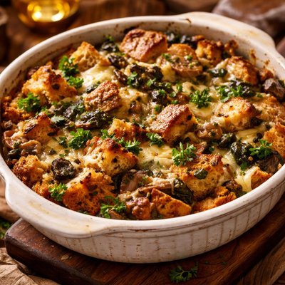 Image of Savory Bread Pudding with Spinach and Mushrooms