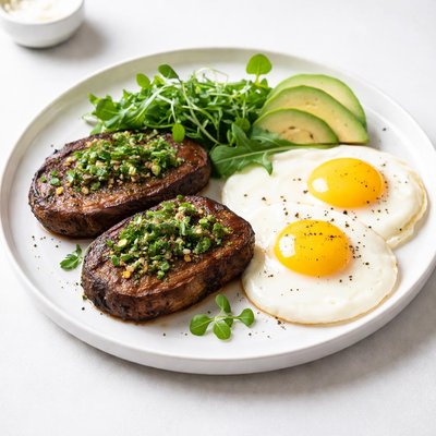 Image of Vegetarian Savory Breakfast Steaks with Fried Eggs