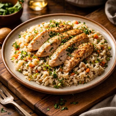 Image of Pollo Sabroso con Alto Contenido de Proteínas sobre Arroz