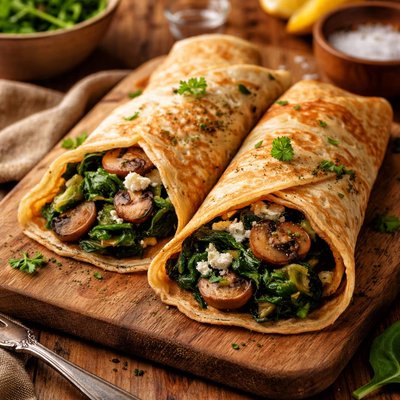 Image of Crepes salados veganos con relleno de espinacas y champiñones
