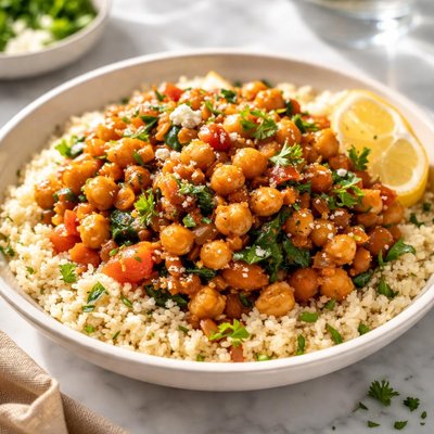 Image of Savory Garbanzo Beans Over Couscous