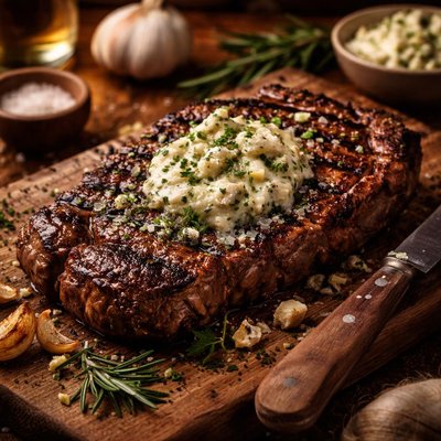 Image of Savory Grilled Steak with Bleu Cheese Garlic Butter