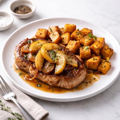Image of Scalloped Apples Pork Chops and Sweet Potatoes