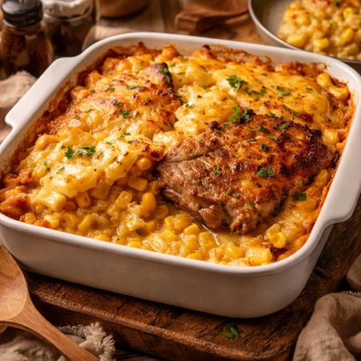 Image of Scalloped Potatoes Corn and Pork Chop Casserole