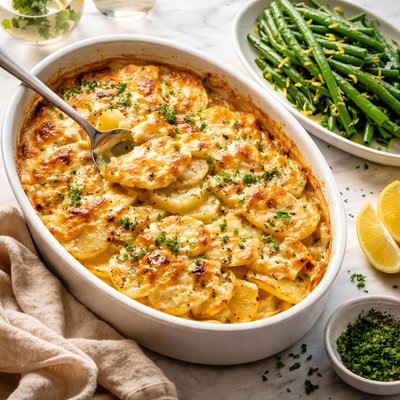 Image of Scalloped Potatoes with Fresh Green Beans