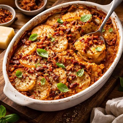 Image of Scalloped Potatoes with Sun Dried Tomato Pesto