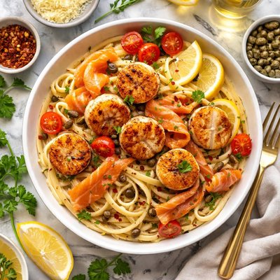Image of Scallops and Smoked Salmon Pasta
