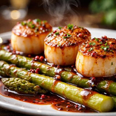 Image of Scallops on Asparagus Spears with Wine Reduction