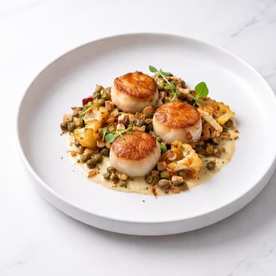 Image of Scallops W Caramelized Cauliflower Caper Raisin Emulsion
