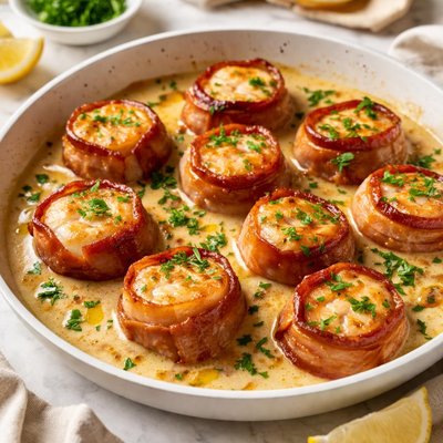 Image of Scallops Wrapped in Bacon in a Maple Cream Sauce