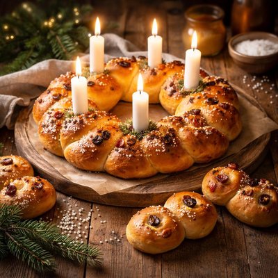 Image of Scandinavian Saint Lucia Wreath and Buns Sahramileipa Saffrans