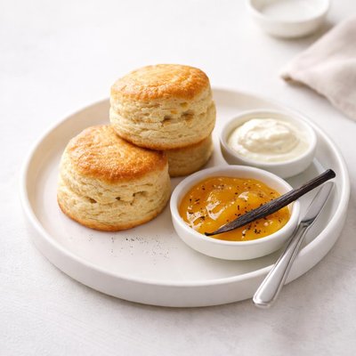 Image of Scones Biscuits in Usa with Vanilla Bean and Mango Jam