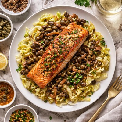 Image of Scottish Salmon on Cabbage with Mushroom Vinaigrette