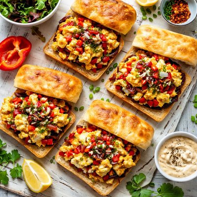 Image of Scrambled Egg Sandwiches with Onions and Red Peppers