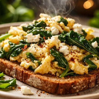 Image of Scrambled Egg with Spinach and Feta on Toast