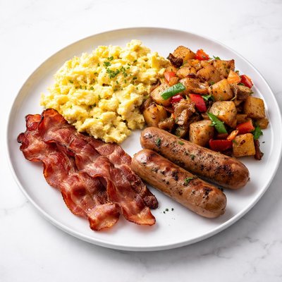 Image of Scrambled Eggs Bacon Potatoes Peppers and Onions and Sausage