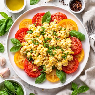 Image of Scrambled Eggs Over Fresh Sliced Tomatoes and Basil
