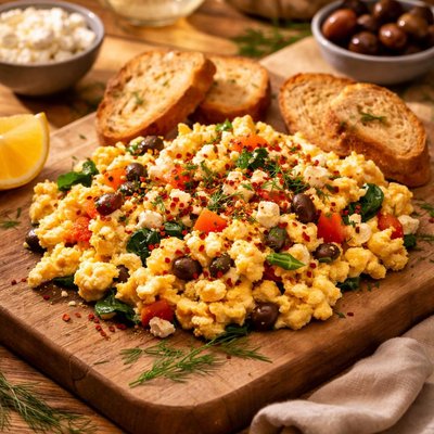 Image of Scrambled Eggs with a Greek Flair