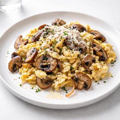 Image of Scrambled Eggs with Mushrooms Onions and Parmesan Cheese