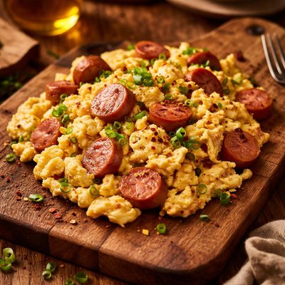 Image of Scrambled Eggs with Sliced Hot Dogs