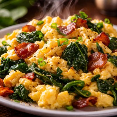 Image of Vegetarian Scrambled Eggs with Spinach and Bacon