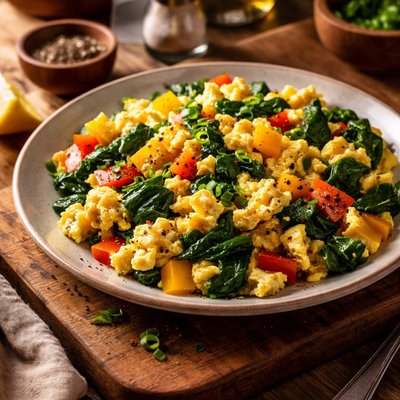 Image of Whole30 Scrambled Eggs with Spinach and Bell Peppers