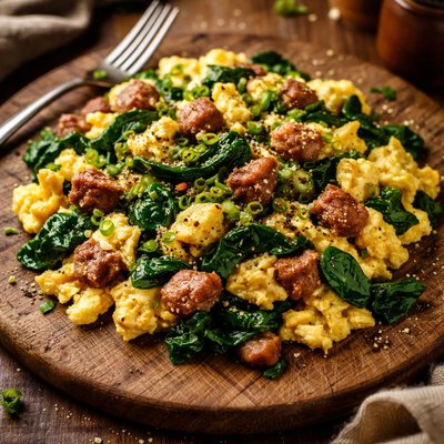 Image of Whole30 Scrambled Eggs with Spinach and Sausage